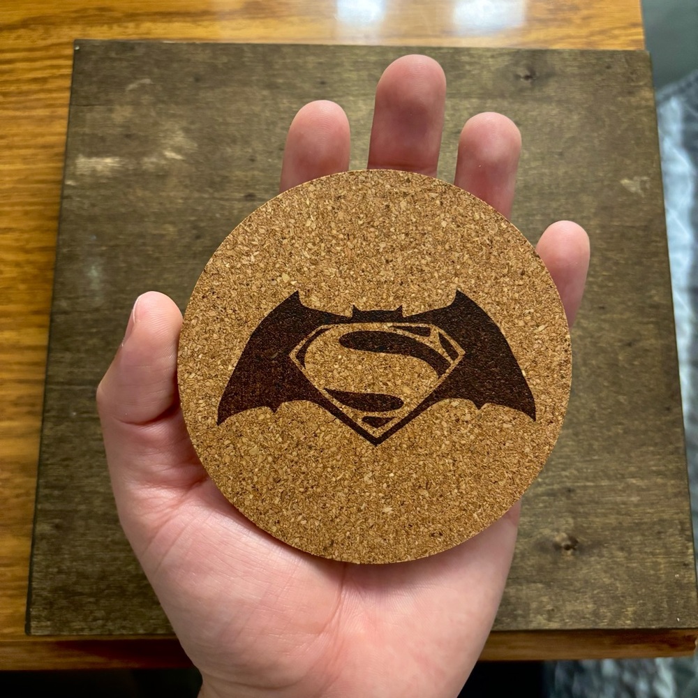 Batman V Superman Logo Laser Engraved Cork Coaster - Picture 3 of 5